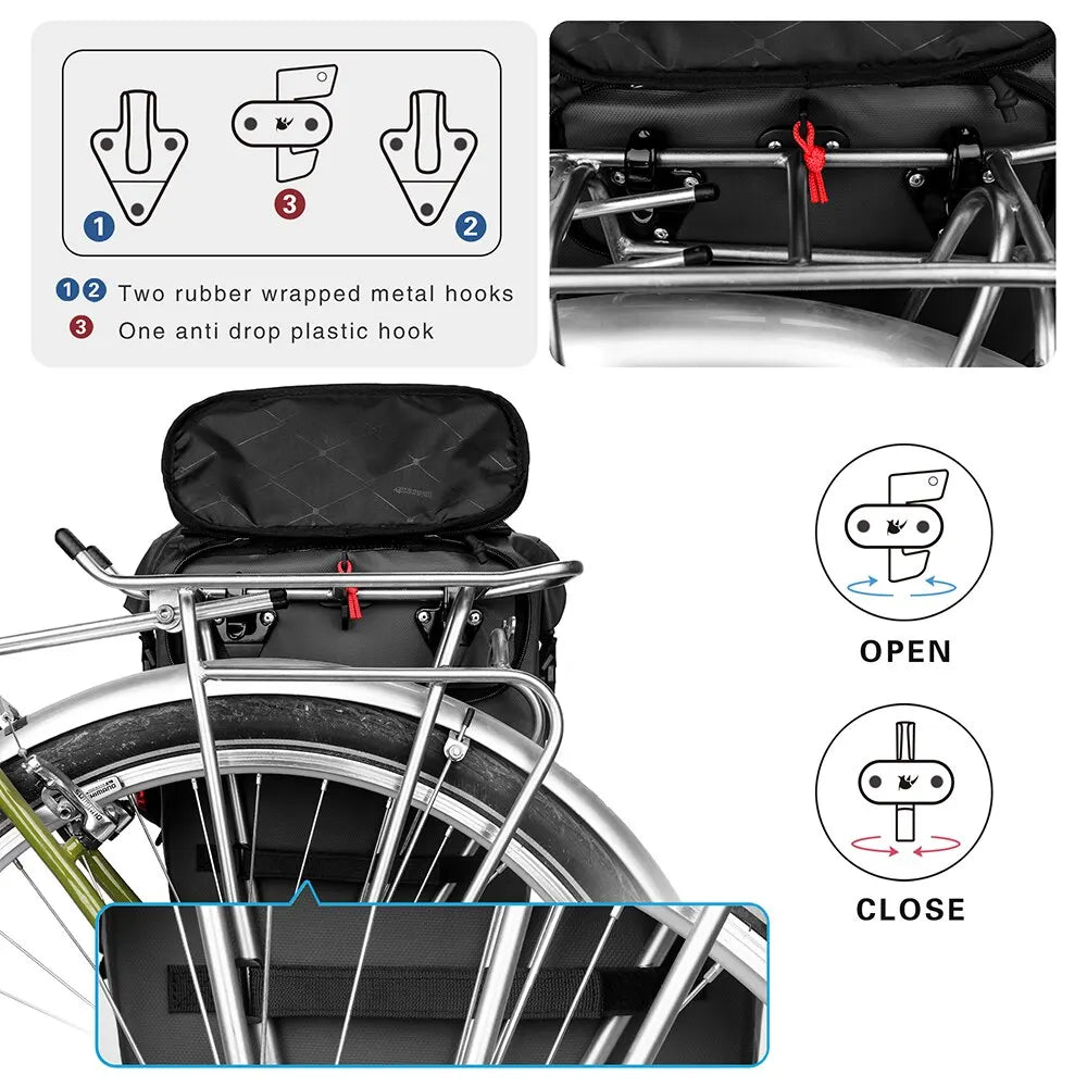 20L Waterproof Bike Pannier Rack Cycling Bag Black-3